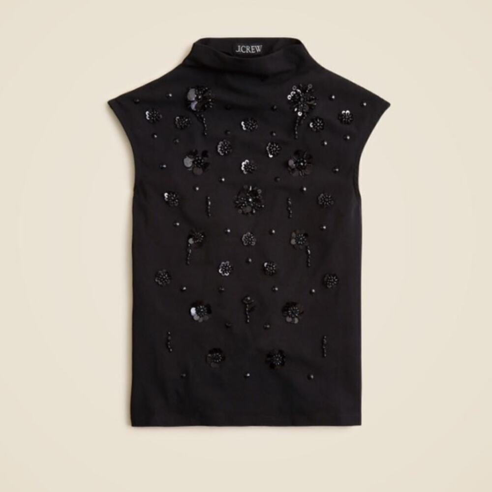 J. Crew Floral Embellishment Stretch Cotton-Blend Mockneck CF300 Black Sz XS NWT